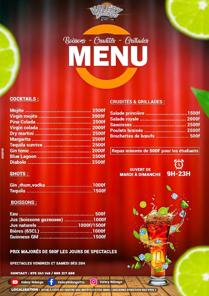 Menu du Valery Comedy Club